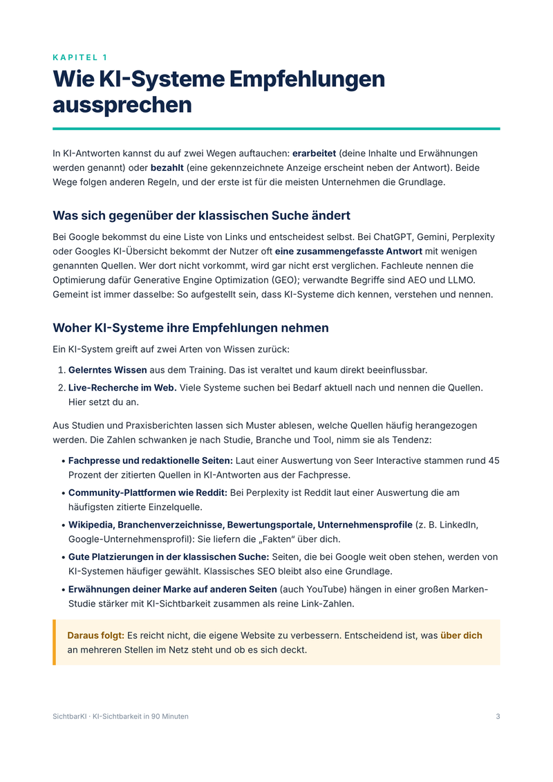Beispielseite aus dem Playbook – Seite 3: Beginn von Kapitel 1 „Wie KI-Systeme Empfehlungen aussprechen“