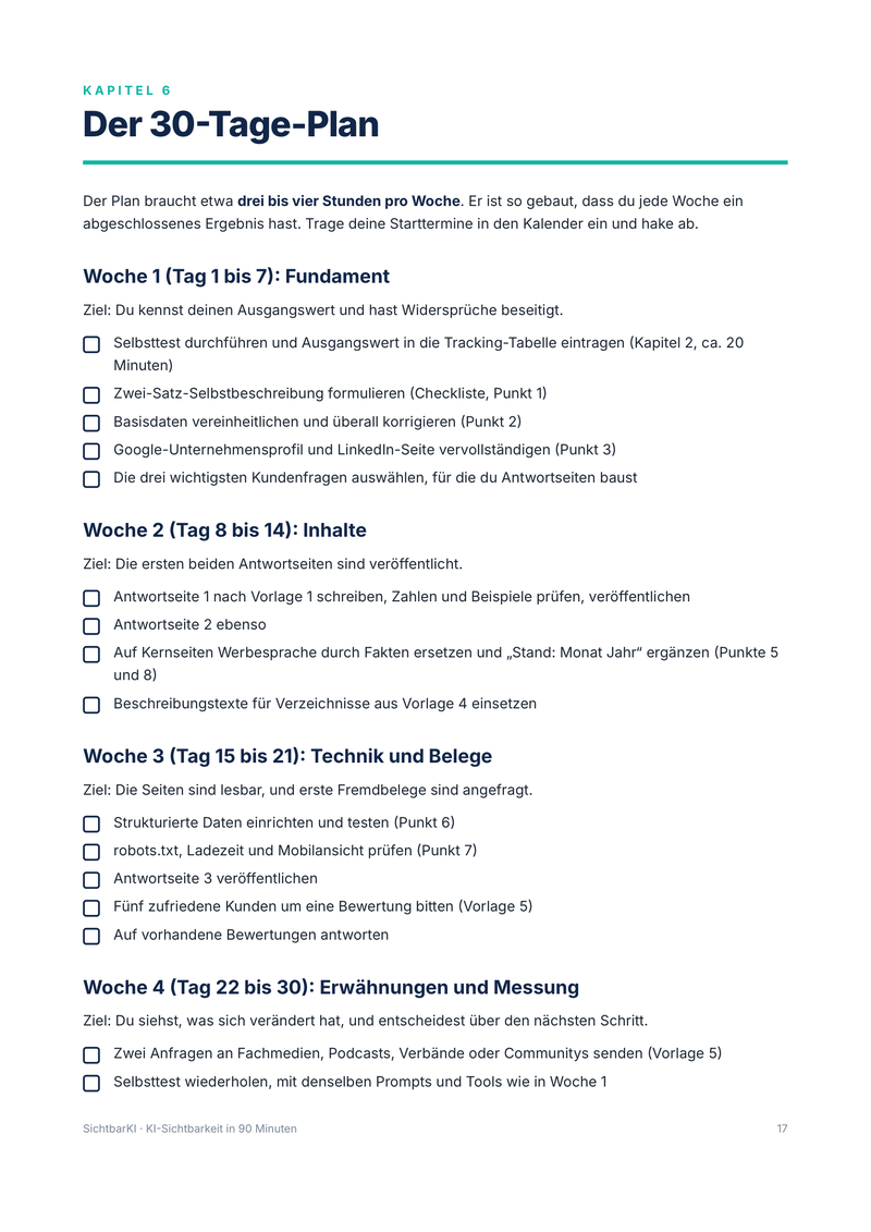 Beispielseite aus dem Playbook – Seite 17: Kapitel 6 „Der 30-Tage-Plan“ mit den Wochenzielen